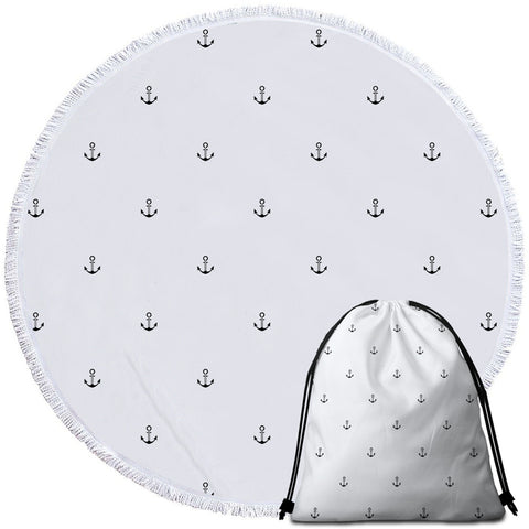 Image of Anchor Patterns White Round Beach Towel Set - Beddingify
