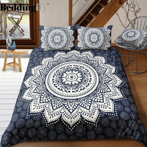 Image of Flowers Black White Mandala Pattern Bedding Set - Beddingify