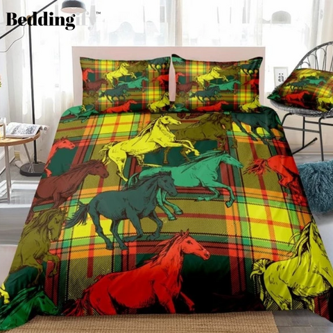 Image of Colorful Horses Running Checkered BeddingSet - Beddingify
