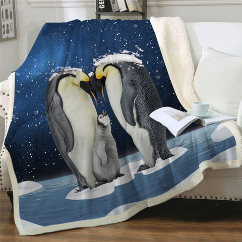 Image of 3D Printed Penguin Family Cozy Soft Sherpa Blanket