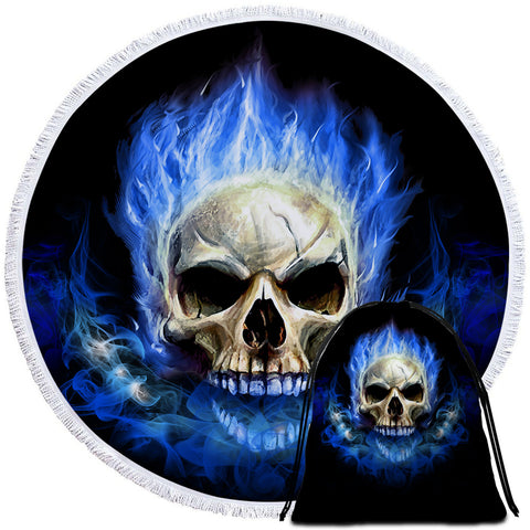 Image of Blue Flaming Skull Round Beach Towel Set - Beddingify