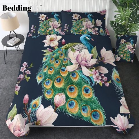 Image of Peacock Bird with Blooming Sakura Flower Bedding Set - Beddingify