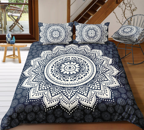 Image of Flowers Black White Mandala Pattern Bedding Set - Beddingify