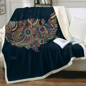 America Map Floral Pattern Cozy Soft Sherpa Blanket