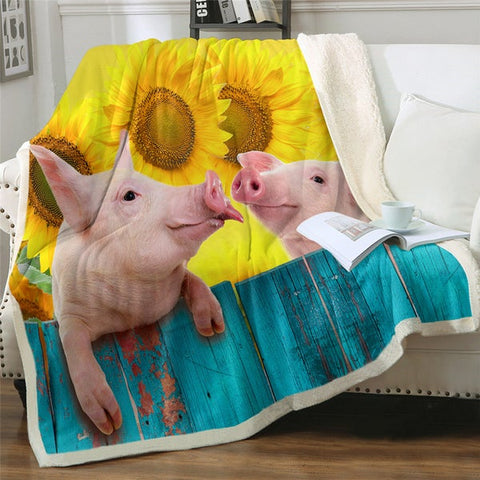 Image of 3D Printed Pig Sunflowers Cozy Soft Sherpa Blanket