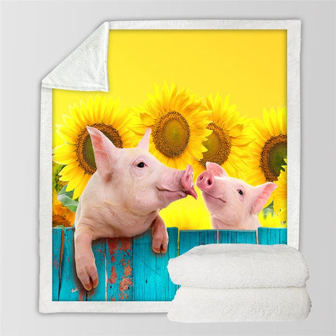 Image of 3D Printed Pig Sunflowers Cozy Soft Sherpa Blanket