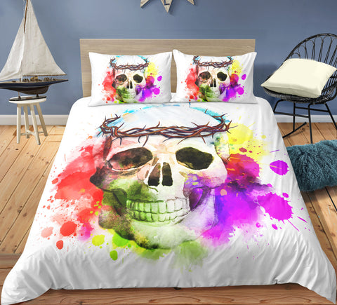 Image of Barbed Wire Crown Coloful Spray Skull Bedding Set