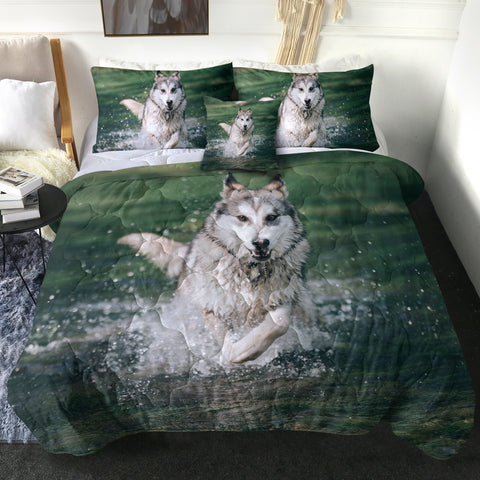 Image of Running White Wolf On River SWBD6136 Comforter Set