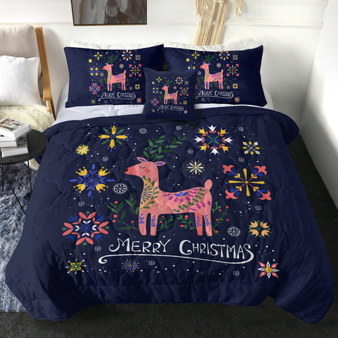 Image of Merry Christmas Pink Floral Reindeer SWBD6203 Comforter Set