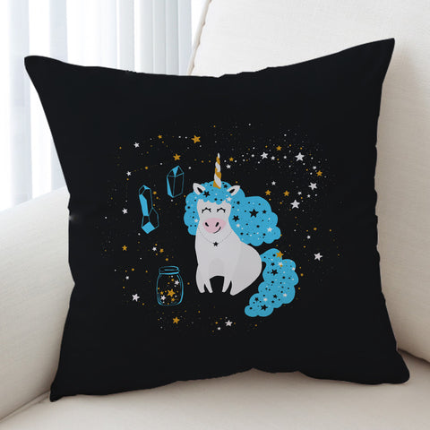 Image of Smiling Blue Hair Unicorn Among Stars SWKD6224 Cushion Cover