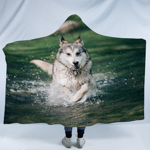 Image of Running White Wolf On River SWLM6136 Hooded Blanket