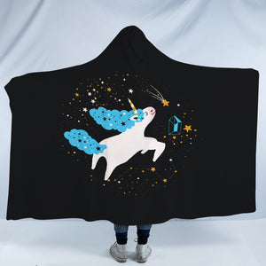 Flying Cute Blue Hair Unicorn In Universe SWLM6222 Hooded Blanket
