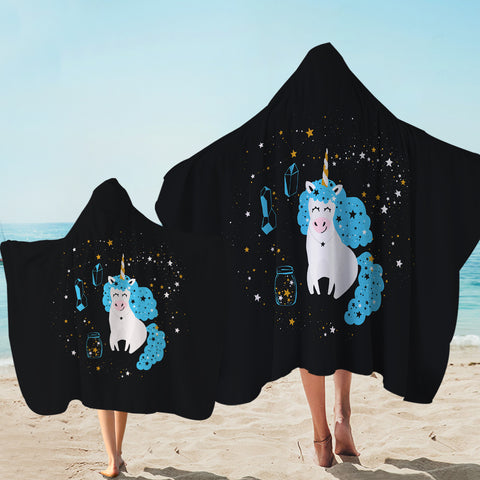 Image of Smiling Blue Hair Unicorn Among Stars SWLS6224 Hooded Towel