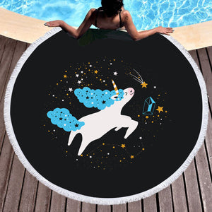 Flying Cute Blue Hair Unicorn In Universe SWST6222 Round Beach Towel