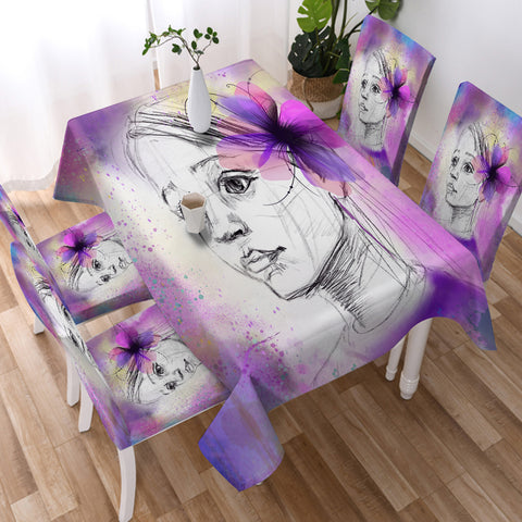 Image of Purple Floral On Lady's Ear Sketch SWZB4752 Waterproof Tablecloth