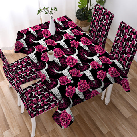 Image of Multi Pink Roses & Buffalo Skull SWZB5186 Waterproof Tablecloth