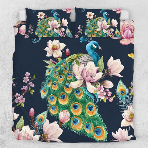 Image of Peacock Bird with Blooming Sakura Flower Bedding Set - Beddingify