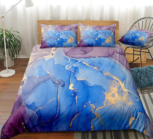Gold Blue Purple Marble Bedding Set - Beddingify