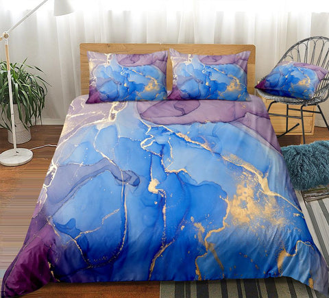 Image of Gold Blue Purple Marble Bedding Set - Beddingify