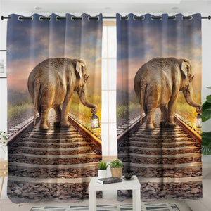 3D Elephant On Railway 2 Panel Curtains