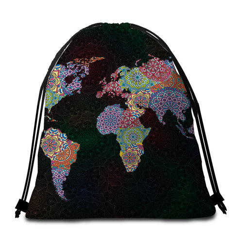 Image of Decorated Continents Map Round Beach Towel Set - Beddingify
