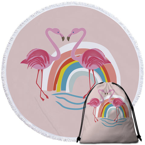 Image of Rainbow Flamingos Round Beach Towel Set - Beddingify