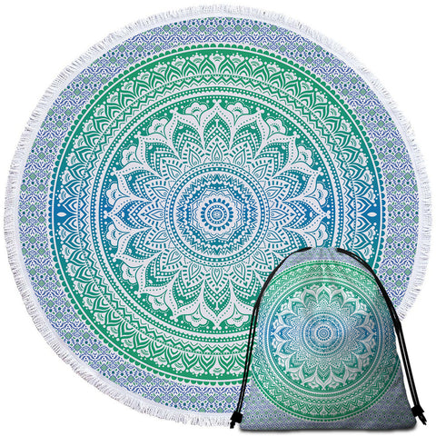 Image of Mandala Wheel Greenish Round Beach Towel Set - Beddingify