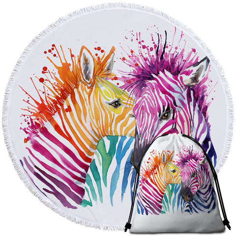 Image of Watercolored Zebras Round Beach Towel Set - Beddingify