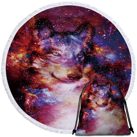 Image of Nebula Wolf Round Beach Towel Set - Beddingify