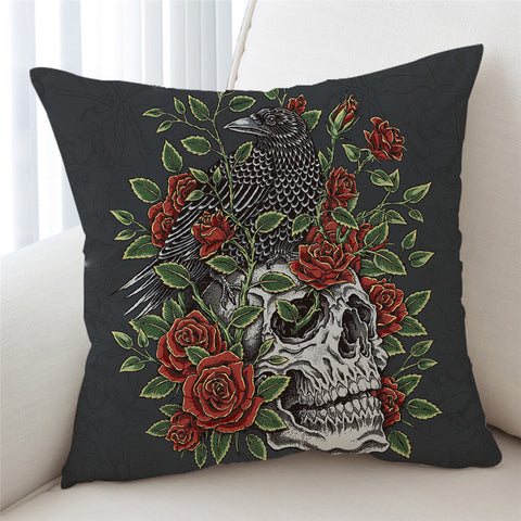 Image of Skull & Crow On Roses Cushion Cover - Beddingify