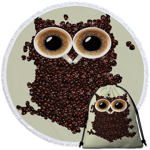 Image of Coffee Owl Round Beach Towel Set - Beddingify