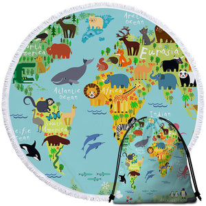 Fauna World Map Round Beach Towel Set - Beddingify