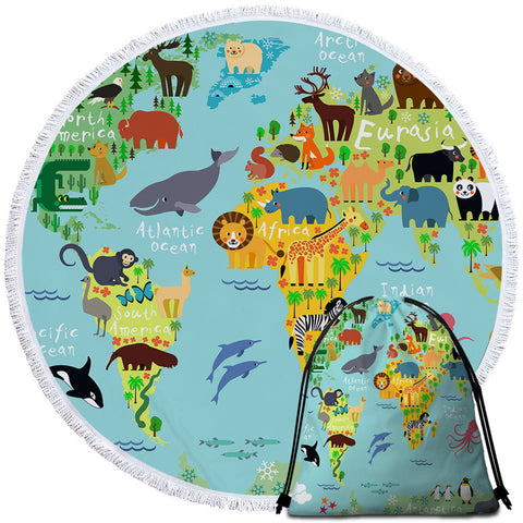 Image of Fauna World Map Round Beach Towel Set - Beddingify