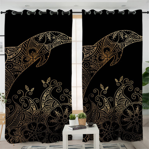 Image of Gold Boho Dolphin Themed 2 Panel Curtains