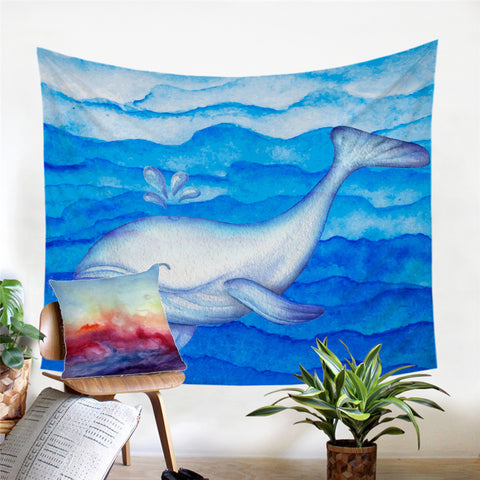 Image of White Whale Blue Tapestry - Beddingify