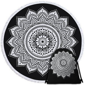 White Mandala Style Black Round Beach Towel Set - Beddingify