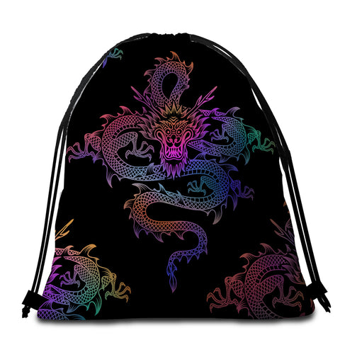 Image of Oriental Dragon Black Round Beach Towel Set - Beddingify
