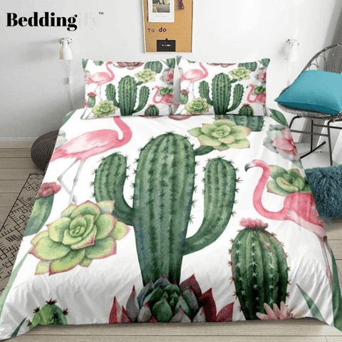 Image of Floral Printed Flamingo Cactus Bedding Set - Beddingify