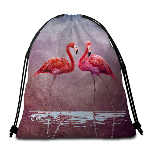 Image of 3D Flamingo Couple Round Beach Towel Set - Beddingify