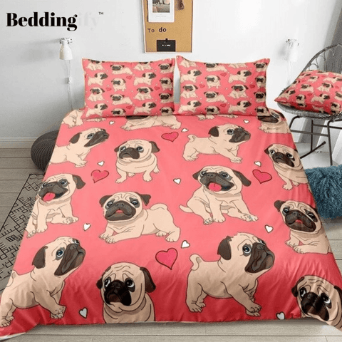 Image of Cartoon Pugs Red Bedding Set - Beddingify
