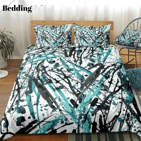 Image of Watercolor Splatter Black Green Lines Bedding Set - Beddingify