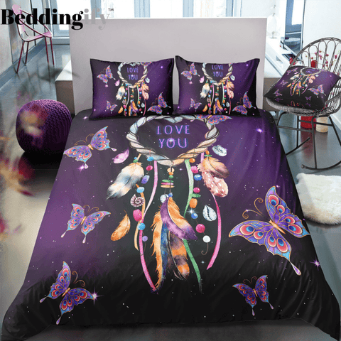 Image of Purple Butterflies Dreamcatcher Bedding Set - Beddingify