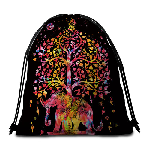 Image of Colorful Tree Of Life Black Round Beach Towel Set - Beddingify