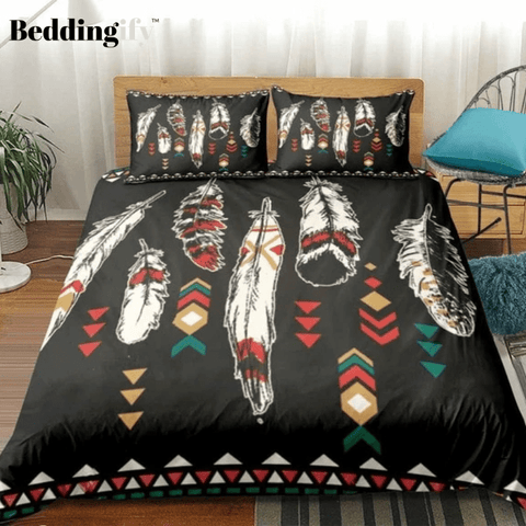 Image of Black Ethnic Feathers Bohemian Bedding Set - Beddingify