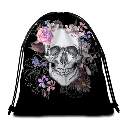 Image of Flowery Skull Black Round Beach Towel Set - Beddingify