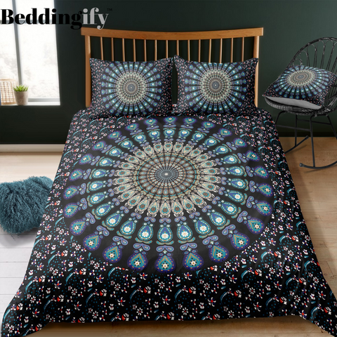 Image of Floral Black Blue Mandala Pattern Bedding Set - Beddingify