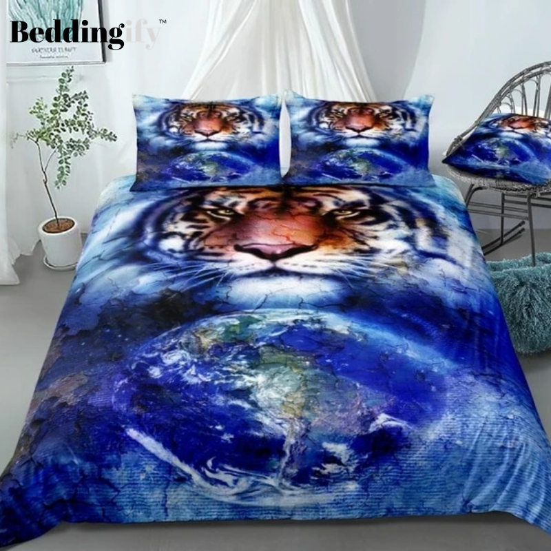 Blue Cosmic Space Tiger Bedding Set - Beddingify