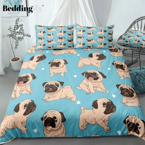 Image of Cartoon Pugs Blue Bedding Set - Beddingify