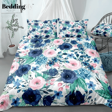 Image of Watercolor Blue Pink Flora Bedding Set - Beddingify