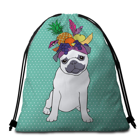 Image of Fruity Hat Pug Round Beach Towel Set - Beddingify